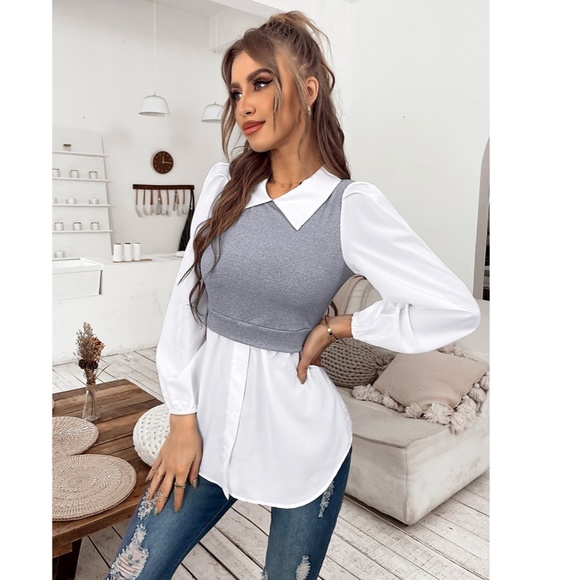 2 in 1 Grey Knit Vest on White Button Down Shirt - Picture 3 of 10